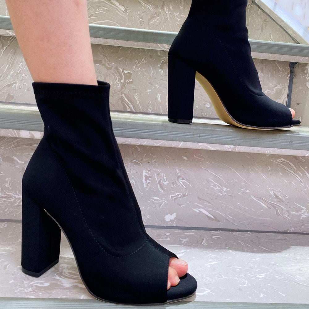 Peep Toe Chunky Heel Stretch Boots Newgew
