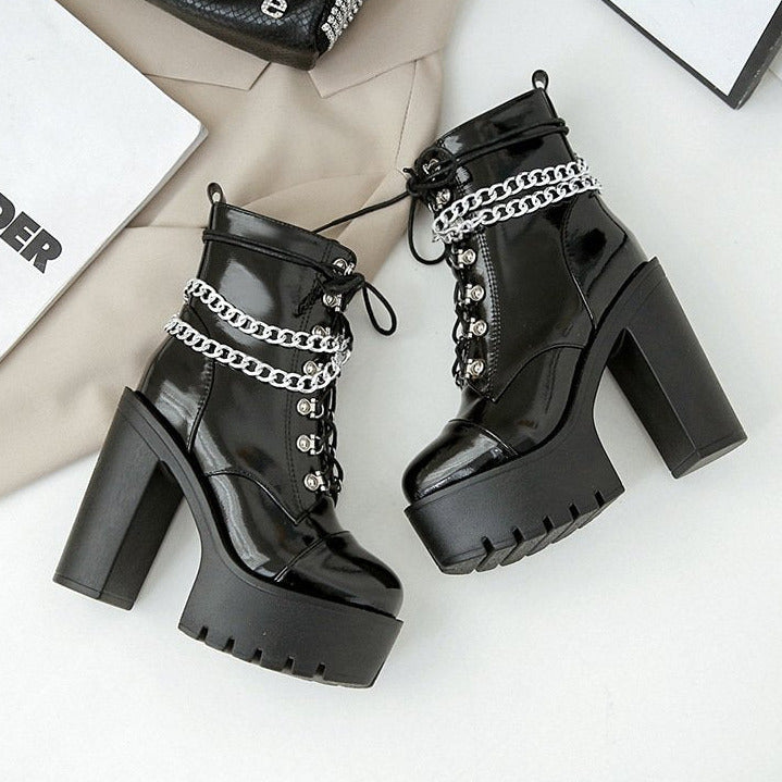 Waterproof Platform Chunky Chain Decorated Short Boots Newgew