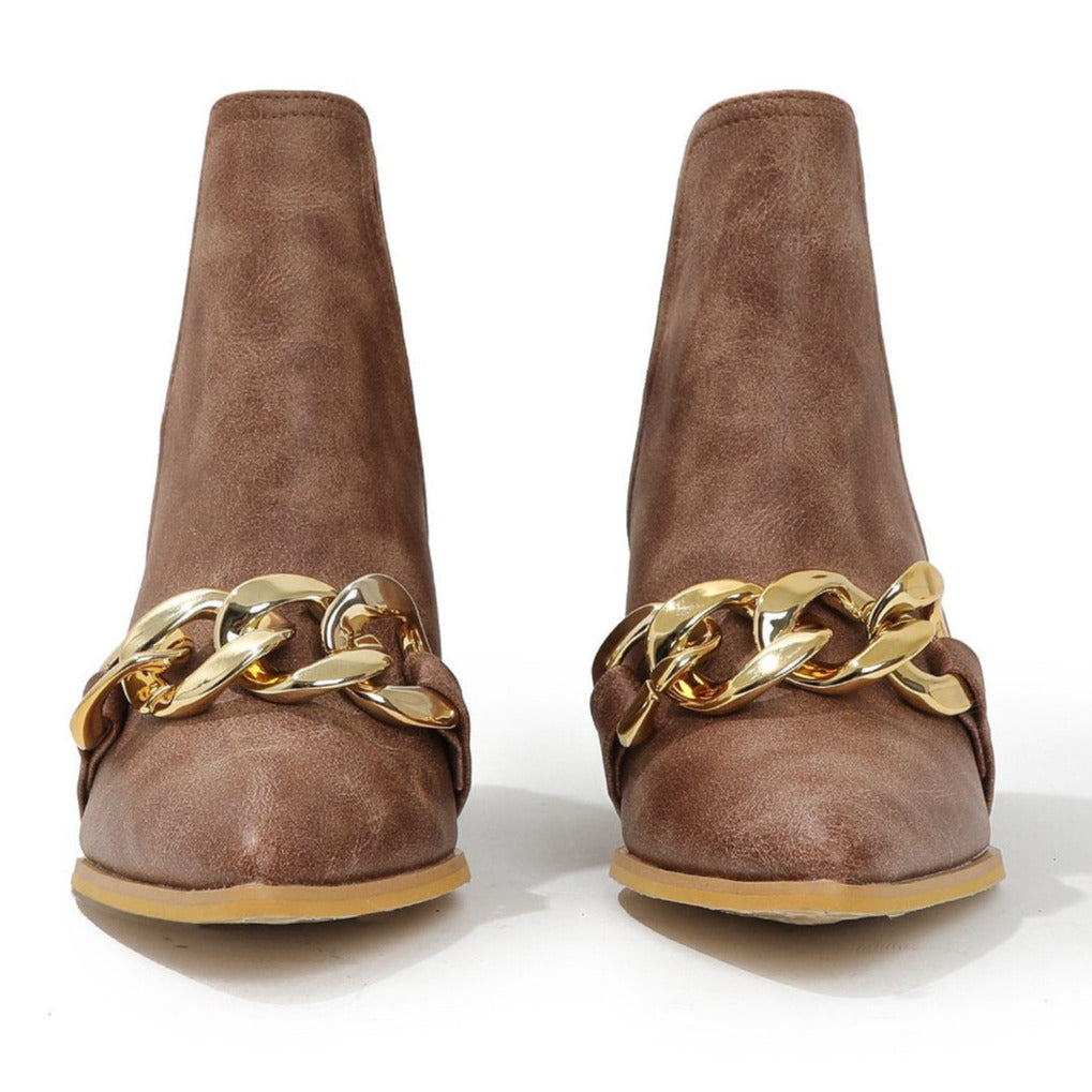 Chunky Heel Pointed Toe Chain Boots Newgew