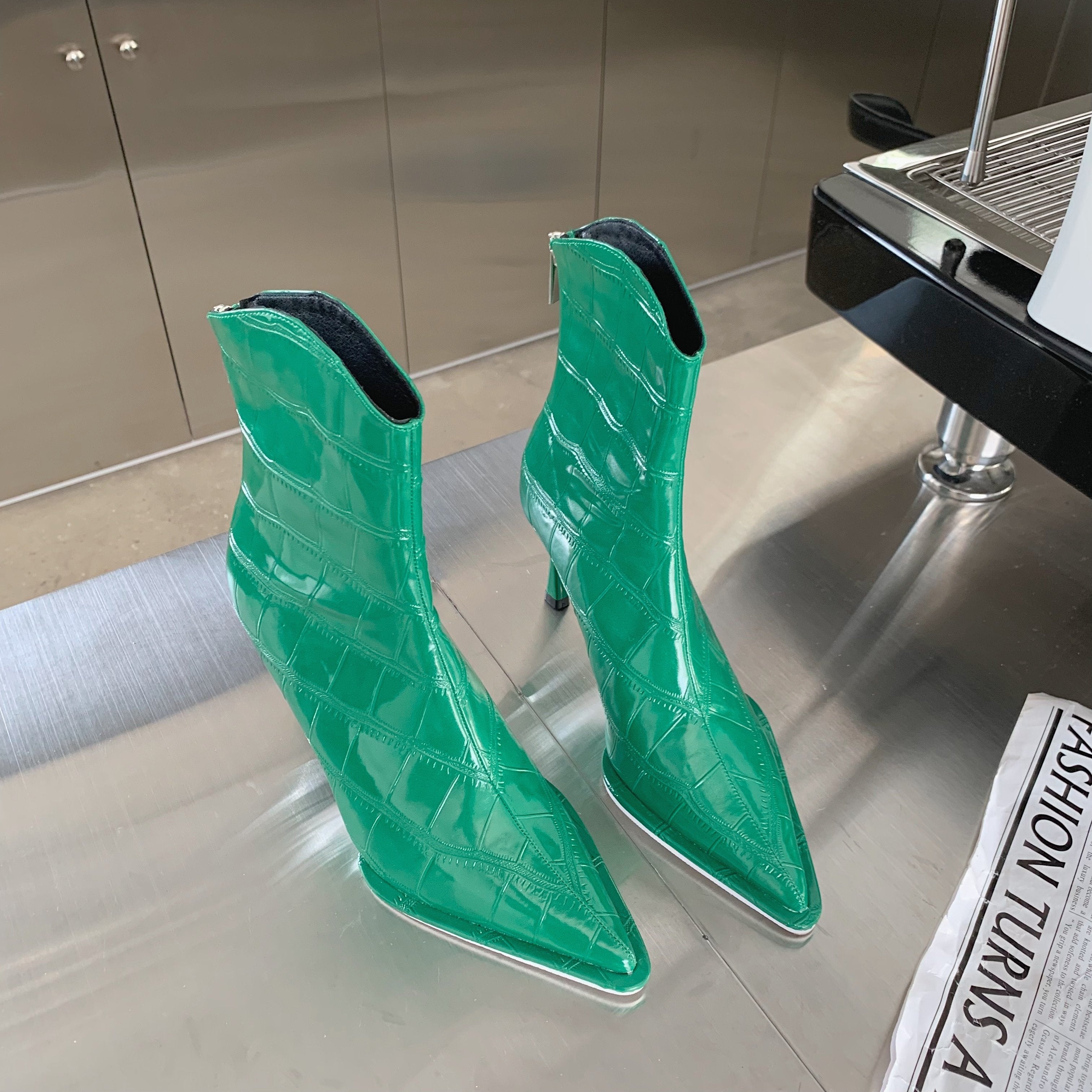 Stone Pattern Pointed Toe Back Zipper Fine High Heeled Boots Newgew