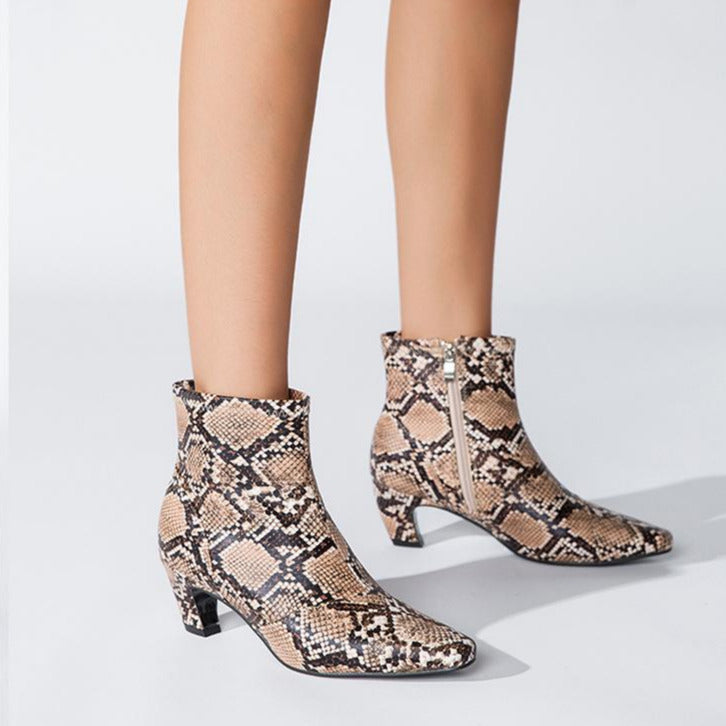 Pointed Toe Chunky Heel Snake Print Low Boots Newgew