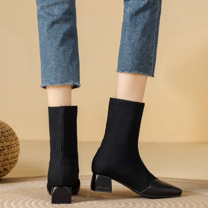 Chunky Heels Knit Stretch Sock Boots Newgew