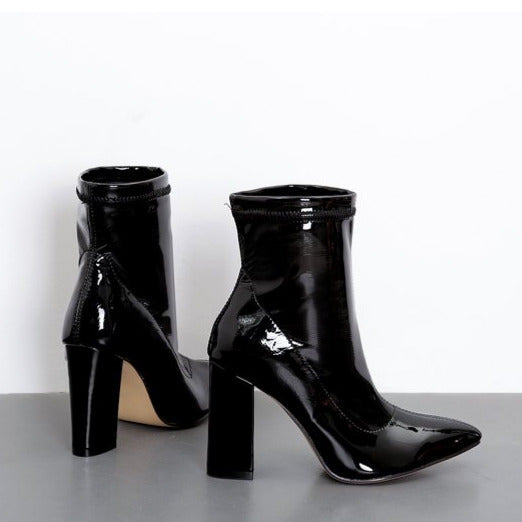 Chunky Heeled Sleeve Patent Leather Short Boots Newgew