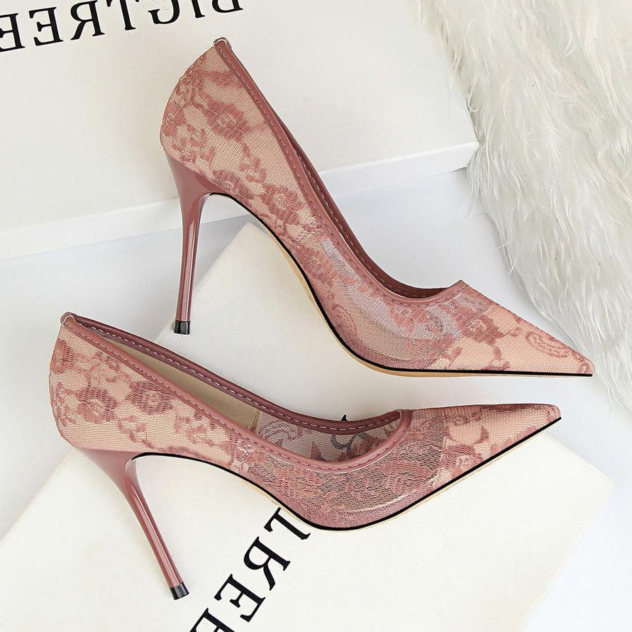 Lace Panel Point Toe Stiletto Heeled Court Pumps Newgew
