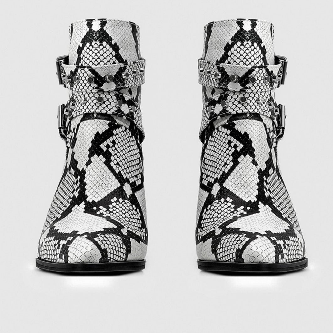 Snake Print Belt Buckle Pointed Toe Short Boots Newgew