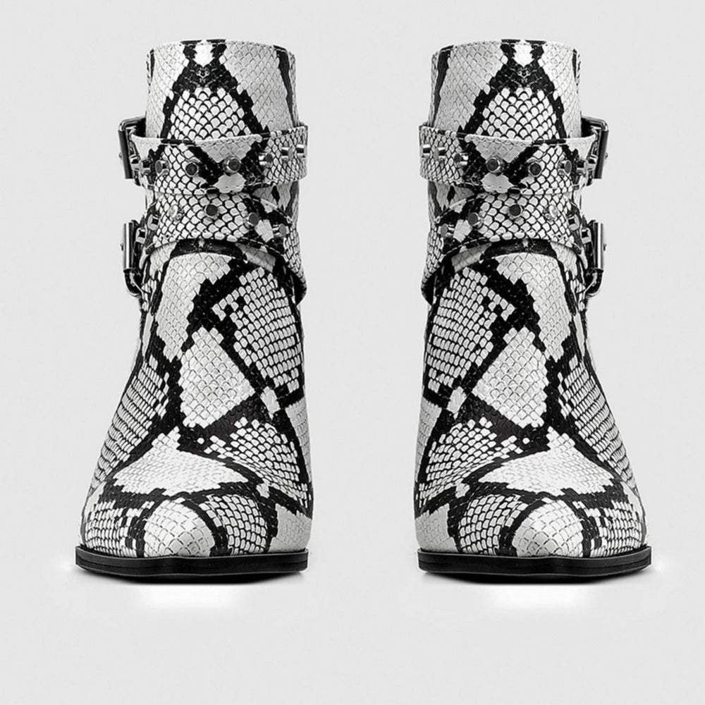 Snake Print Belt Buckle Pointed Toe Short Boots Newgew