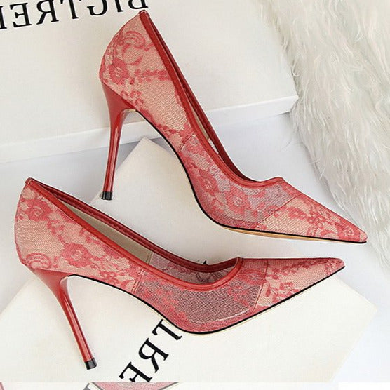 Lace Panel Point Toe Stiletto Heeled Court Pumps Newgew