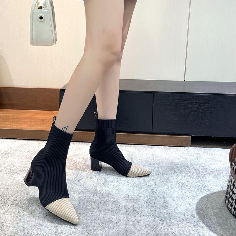Pointed Toe Chunky Heeled Sock Boots Newgew