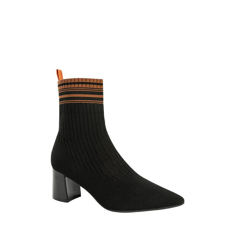 Pointed Toe Chunky Heel Knitted Stretch Sock Boots Newgew