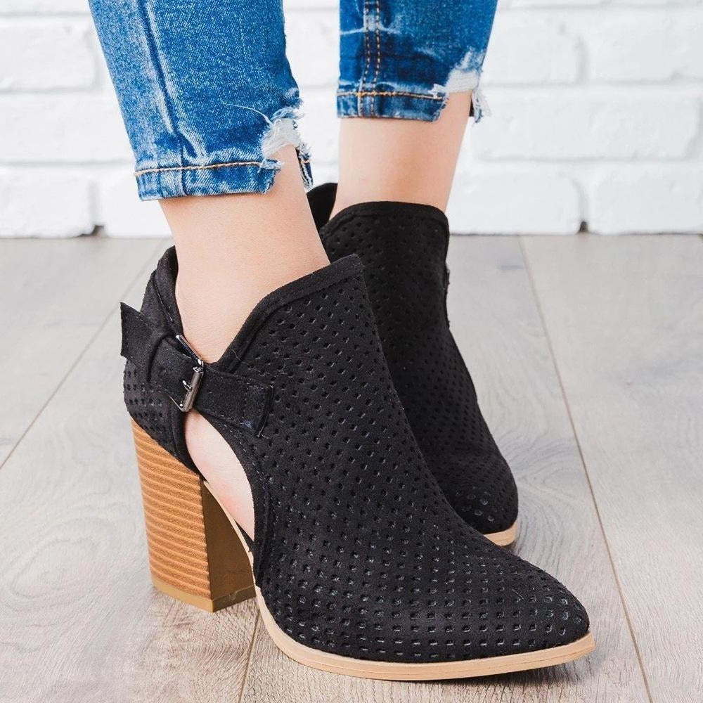Cutout Buckle Design Thick Heeled Ankle Boots Newgew
