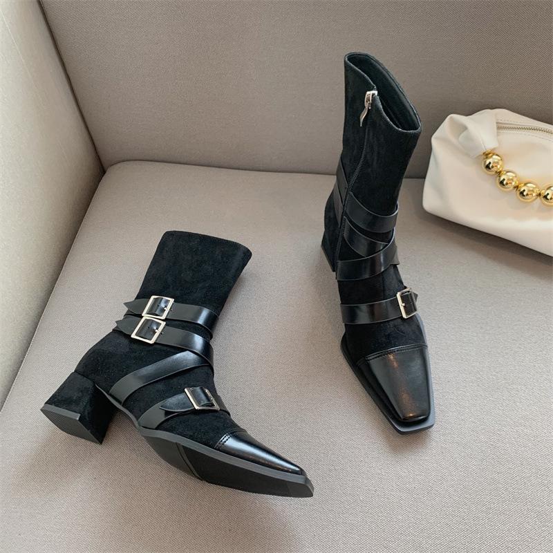 Straps Square Toe Sock Ankle Boot Buckle Detail Strappy Boots Newgew