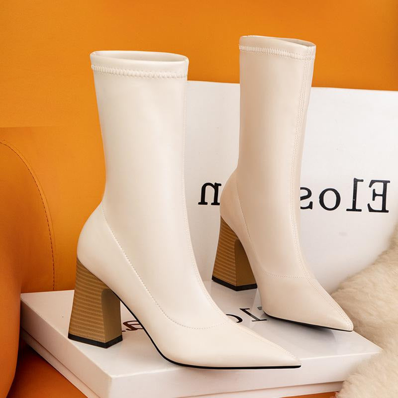 Wood Grain Pointed Toes Thick Heels Ankle Boots Newgew