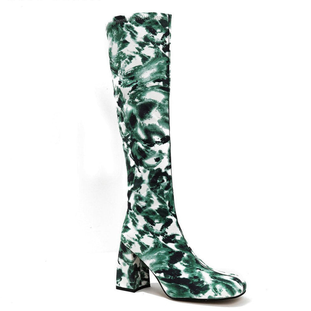 Square Toe Printed Fabric Chunky Heeled  Boots Newgew