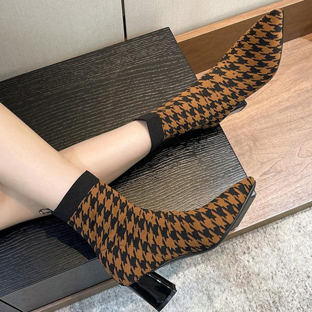 Fly-knit Pointed Toe Chunky Heel Sock Boots Newgew