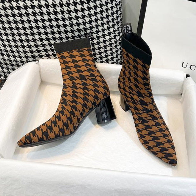 Fly-knit Pointed Toe Chunky Heel Sock Boots Newgew