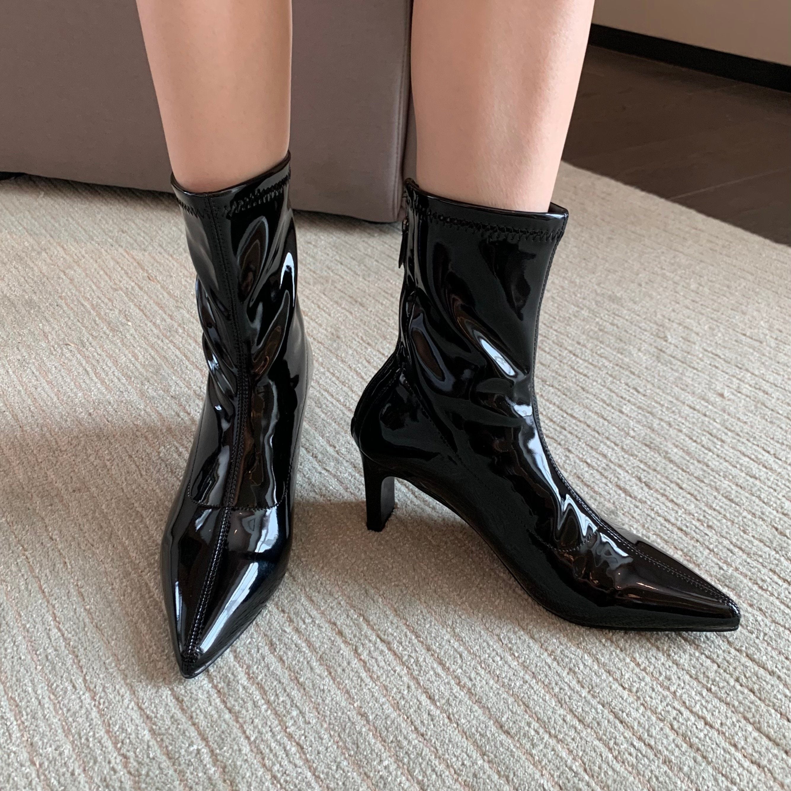Patent Leather Pointed Toe Mid-thigh High Heel Boots Newgew