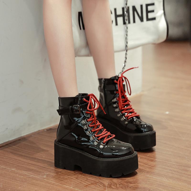 Patent Leather Lace-up Thick-soled Boots Newgew