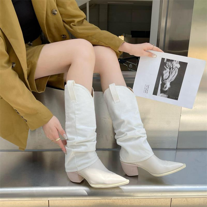 Western Denim Spliced High Boots Newgew