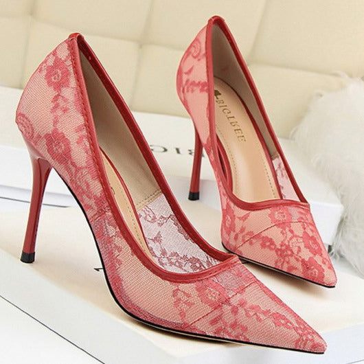 Lace Panel Point Toe Stiletto Heeled Court Pumps Newgew