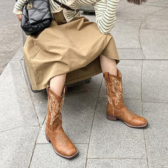 Retro Square Toe Western Cowboy Boots Newgew