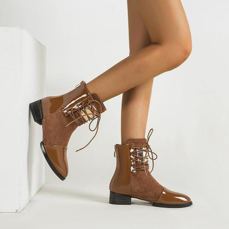 Lace-up Round Toe Low Heeled Back Zipper Boots Newgew