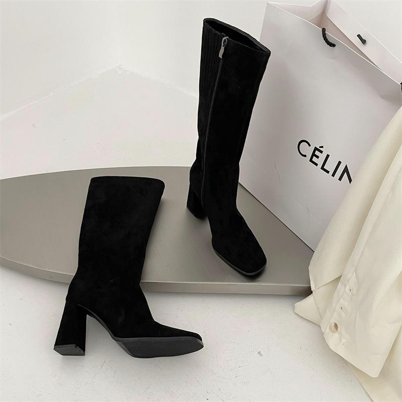 British Style Side Zipper Pointed Toe Chunky Boots Newgew