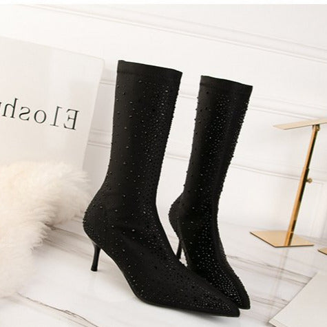 Diamond Elements Pointed Toe Fine High Heel Short Boots Newgew