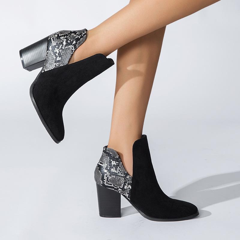 Patchwork Material Chunky Heeled Ankle Boots Newgew