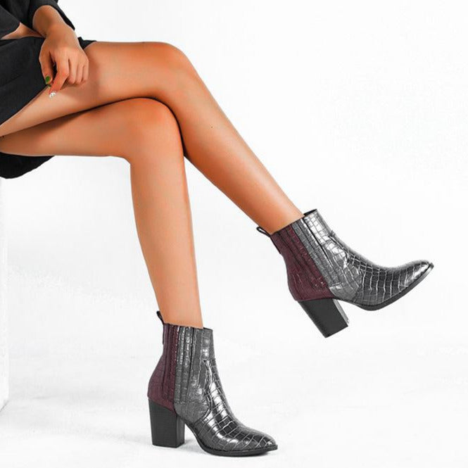 Chunky High Heel Color Blocking Snake Print Boots Newgew