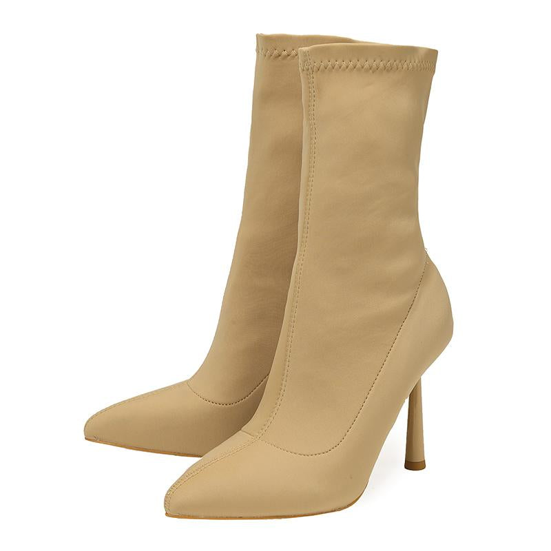 Point Toe Stiletto Heel Satin Sock Ankle Boots Minimalist Pointed Toe Stiletto Boots Newgew