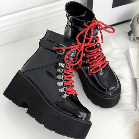 Patent Leather Lace-up Thick-soled Boots Newgew