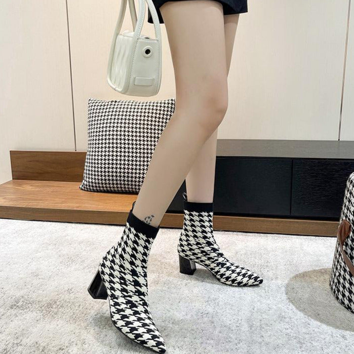 Fly-knit Pointed Toe Chunky Heel Sock Boots Newgew