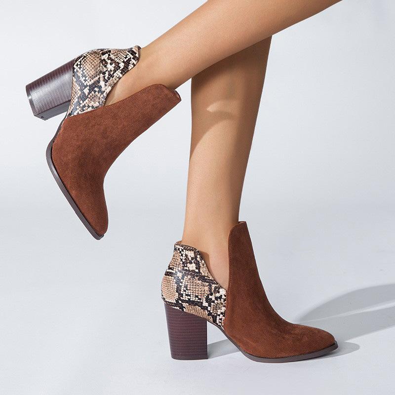 Patchwork Material Chunky Heeled Ankle Boots Newgew