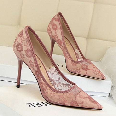 Lace Panel Point Toe Stiletto Heeled Court Pumps Newgew