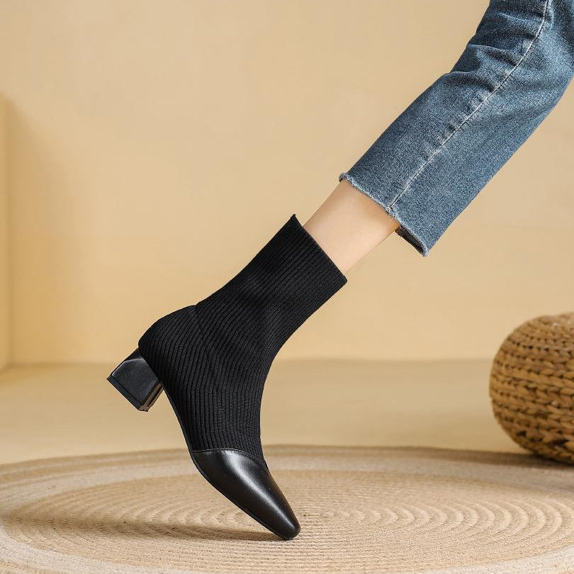 Chunky Heels Knit Stretch Sock Boots Newgew