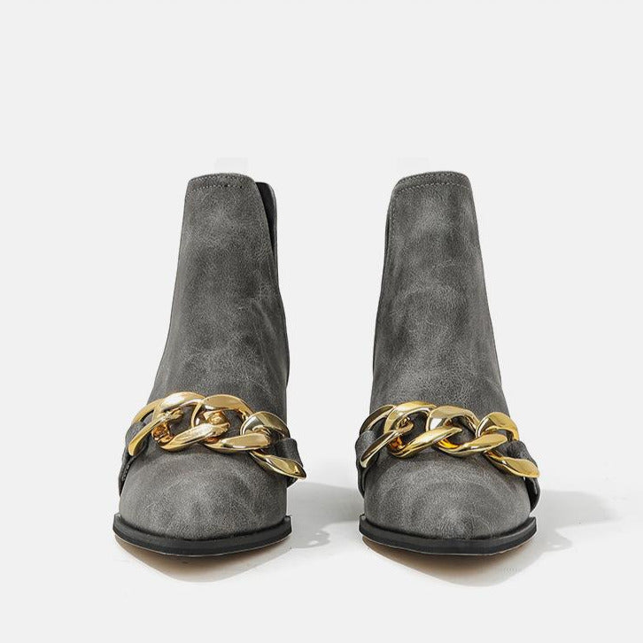 Chunky Heel Pointed Toe Chain Boots Newgew