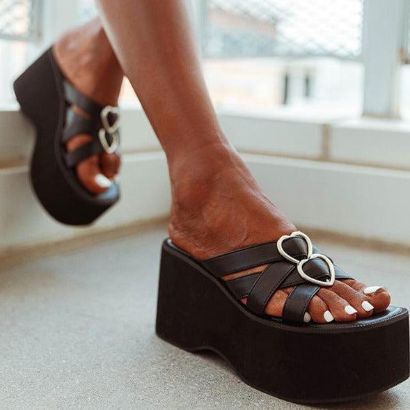 Slope Heel Thick Soled Love Decorative Buckle Sandals Newgew