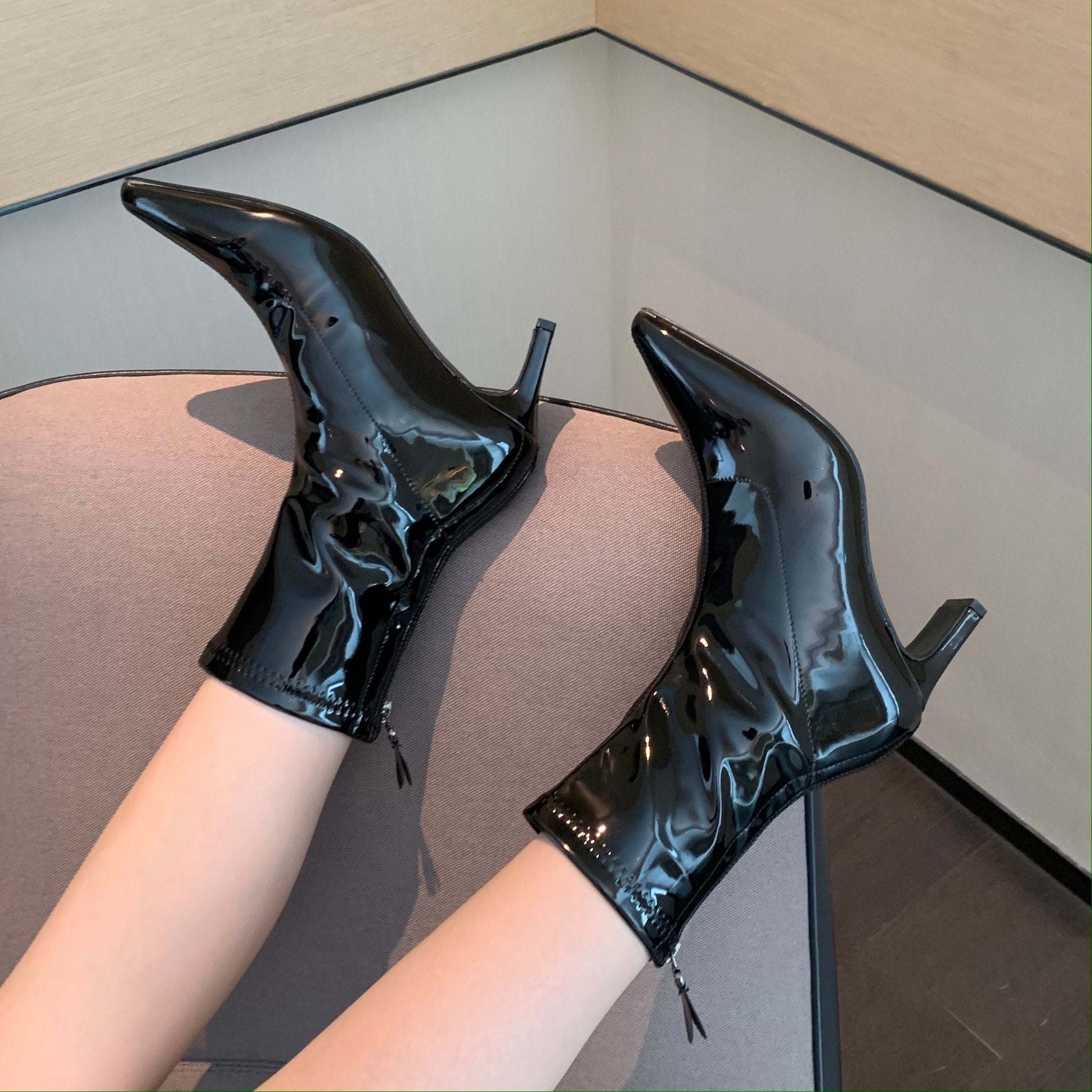 Patent Leather Pointed Toe Mid-thigh High Heel Boots Newgew