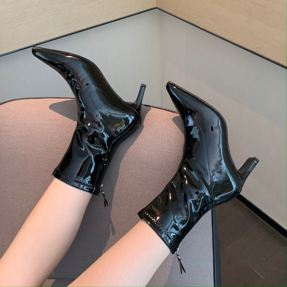 Patent Leather Pointed Toe Mid-thigh High Heel Boots Newgew