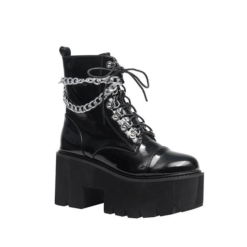Thick-soled Patent Leather Chain Elements Lace-up Padded Boots Newgew