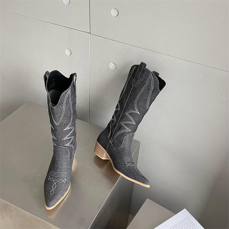 Retro Pointed Toe Chunky Embroidered Western Cowboy Boots Newgew