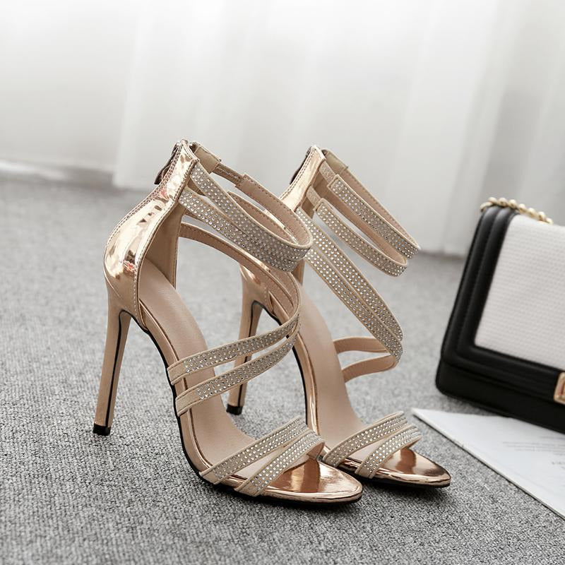 Rhinestone Spaghetti Straps High-heeled Open Toe Sandals Newgew