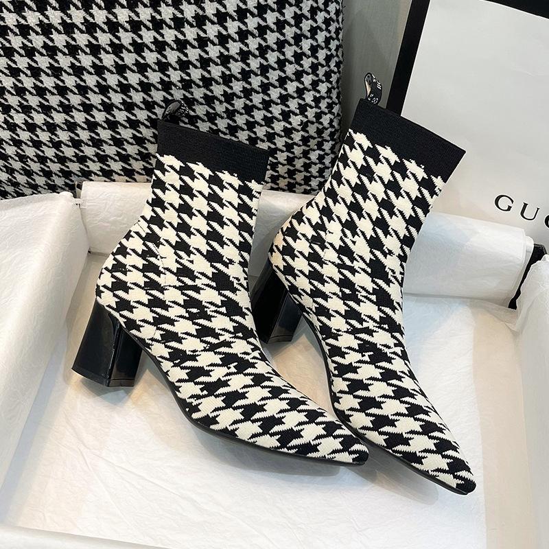 Fly-knit Pointed Toe Chunky Heel Sock Boots Newgew
