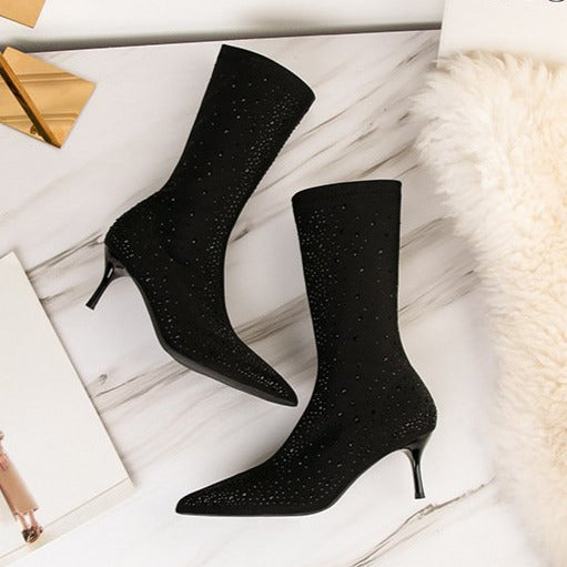 Diamond Elements Pointed Toe Fine High Heel Short Boots Newgew