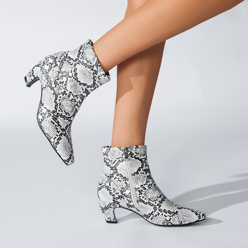 Pointed Toe Chunky Heel Snake Print Low Boots Newgew