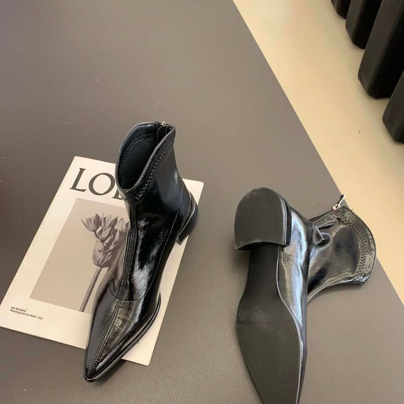 Pointed Toe Flat Patent Leather Boots Newgew