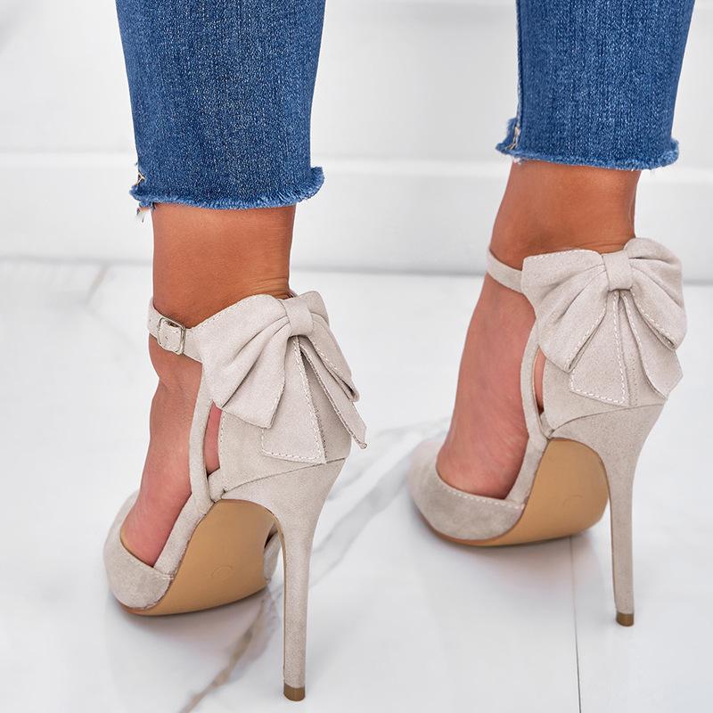 Suede Bow Decor Stiletto Heeled Ankle Strap Pumps Newgew