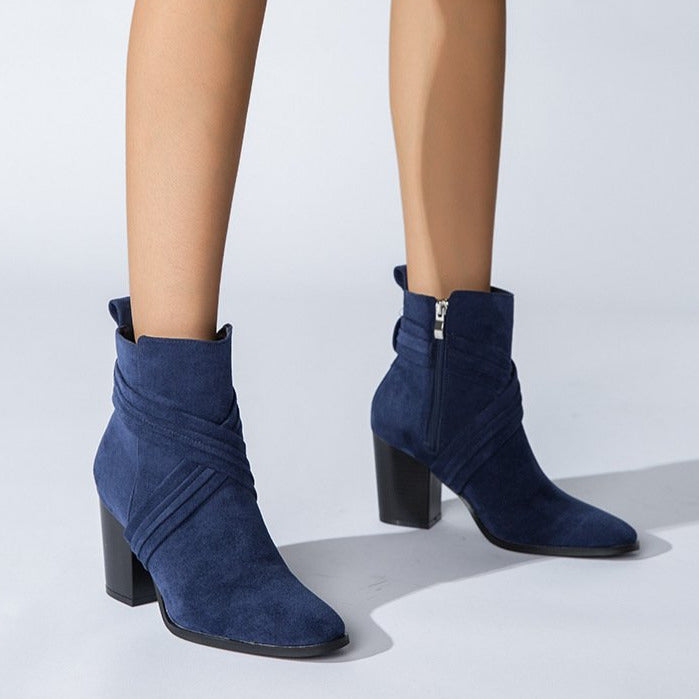 Suede Thick Heeled Side Zipper Boots Newgew