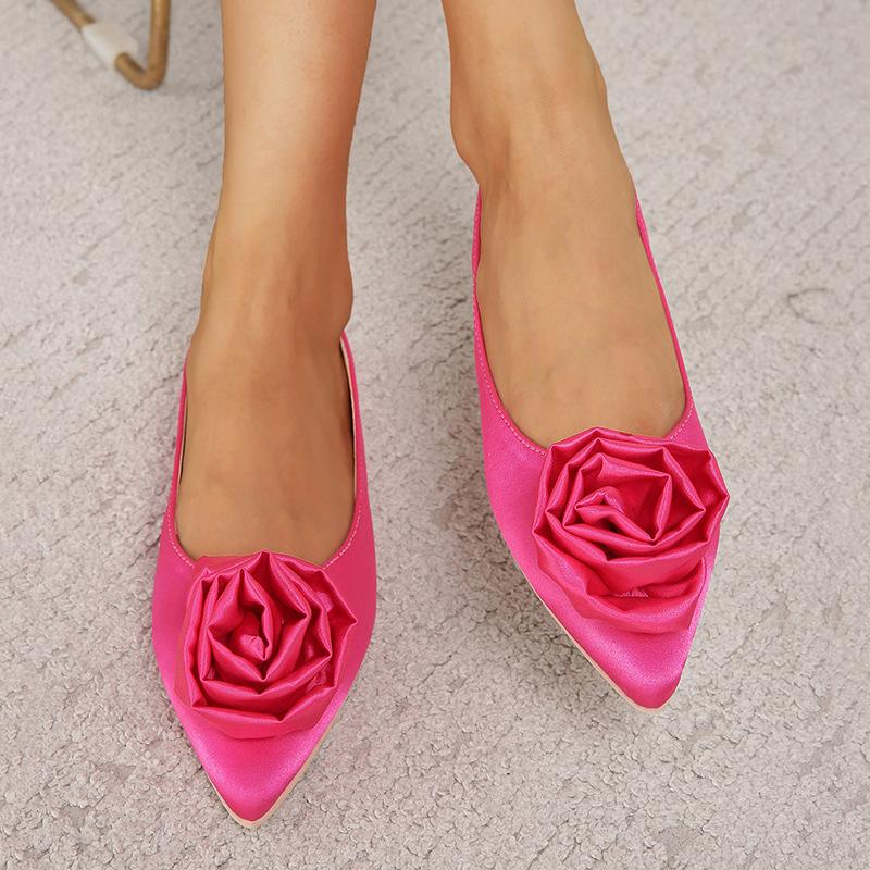 Floral Decorated Pointed Toe Satin Flats Newgew