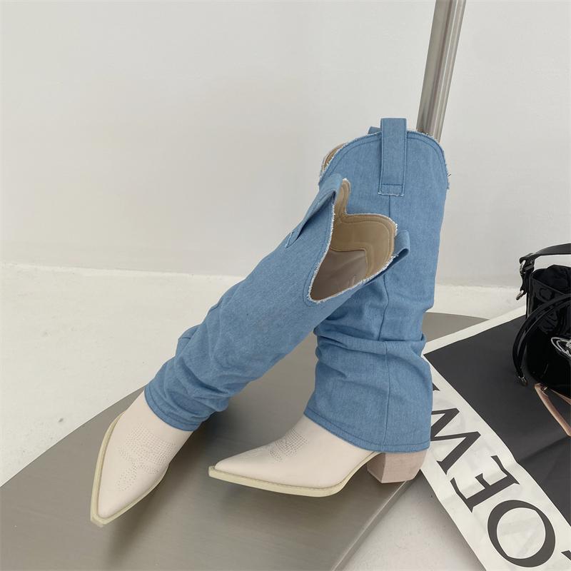Western Denim Spliced High Boots Newgew